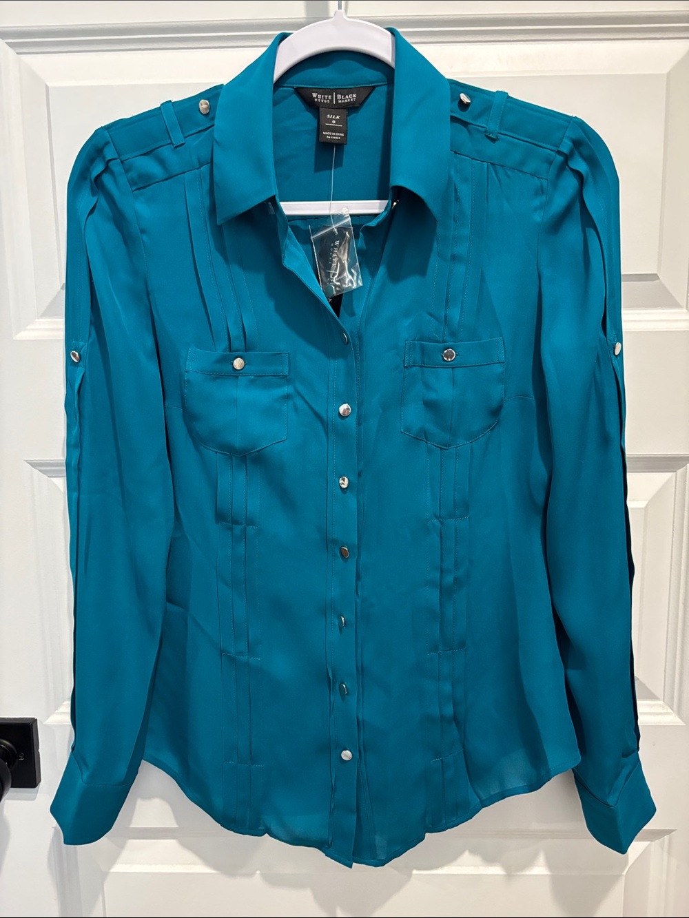 White House Black Market Teal Button-Front Pintuck Blouse